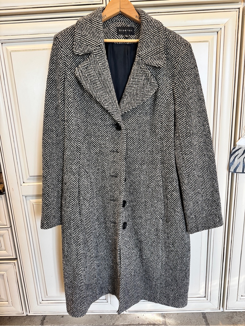 Braetan Black and White Herringbone Wool-Blend Pea Coat